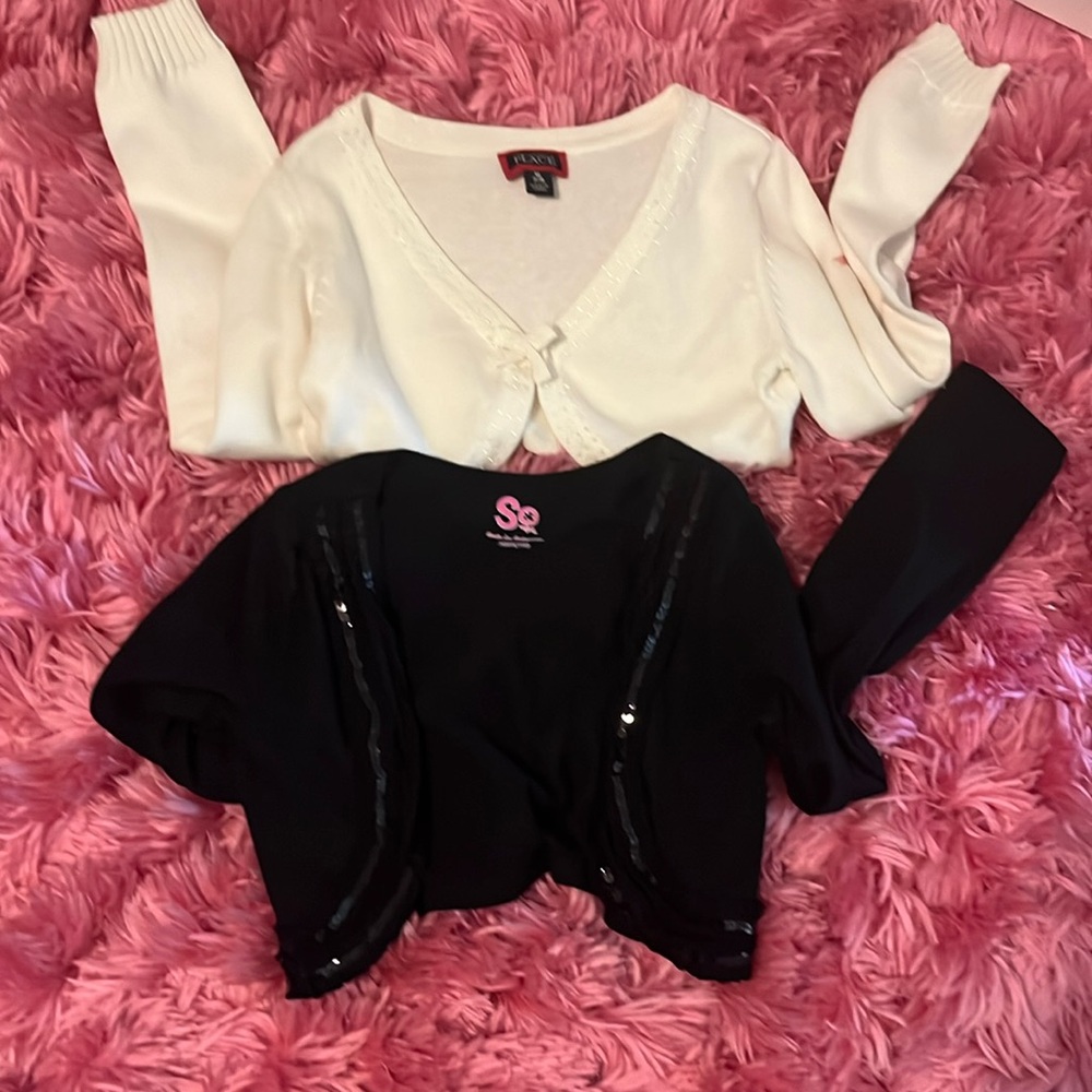 2 short, open-style cardigans one black, one white both size 7/8 #10112